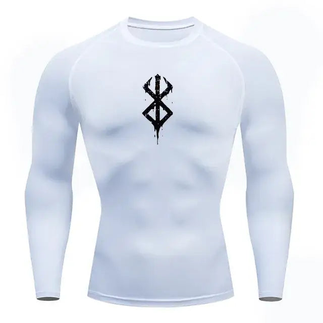T-shirt de compression a manches longues homme Berserk Guts, coloris blanc, coupe seconde peau.