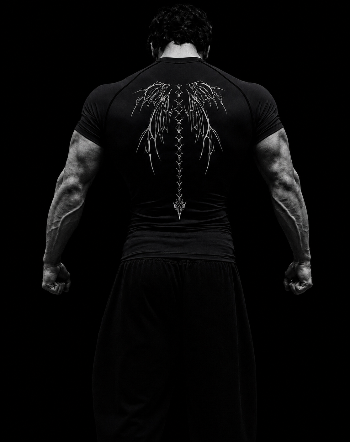 T-shirt de compression homme Fear Of God, coloris noir, imprime ailes dans le dos, tissu respirant.