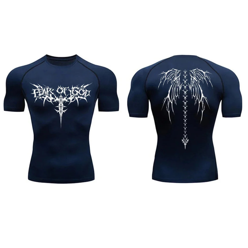 T-shirt de compression homme Fear Of God, coloris bleu marine, tissu technique respirant.