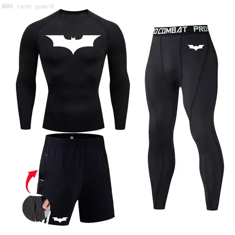Ensemble de compression (pack) homme Batman, coloris noir, maille dry-fit pour la musculation.