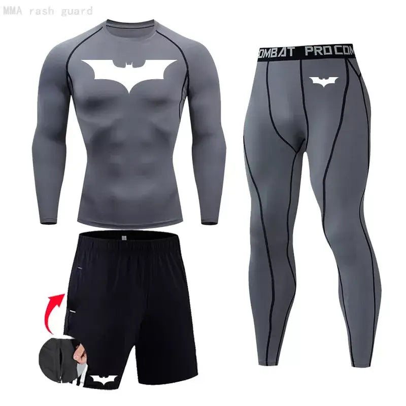 Męski zestaw kompresyjny Batman, kolor szary z białym logo, oddychająca dzianina dry-fit.