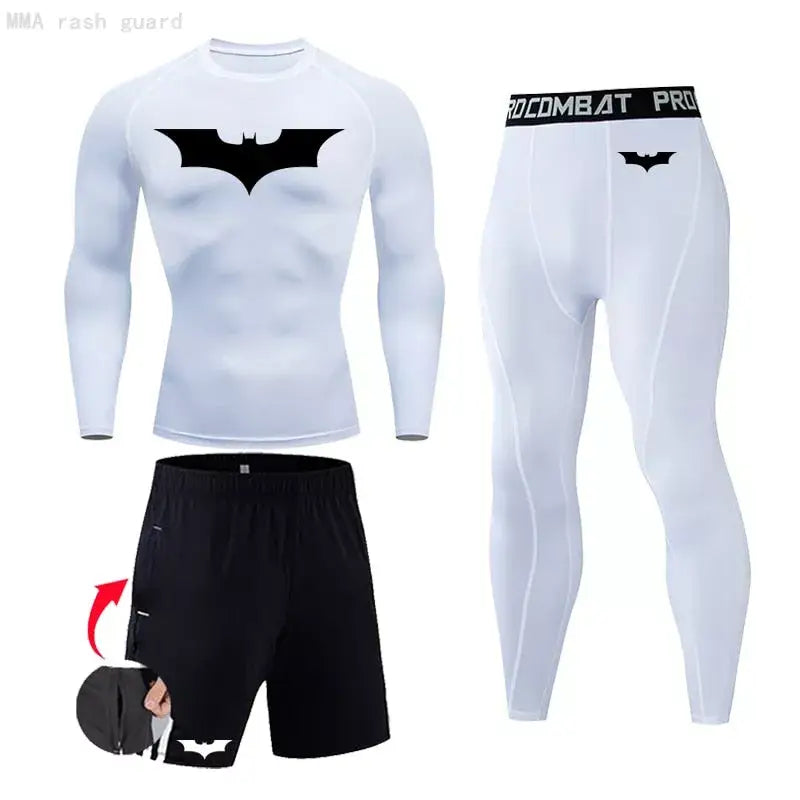 Ensemble de compression (pack) homme Batman, coloris blanc, tissu respirant coupe seconde peau.