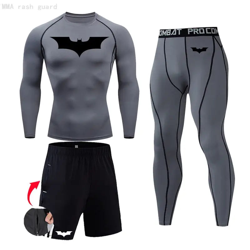 Męski zestaw kompresyjny Batman, kolor szary, dzianina dry-fit do treningu.