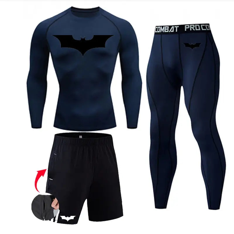 Ensemble de compression (pack) homme Batman, coloris bleu, coupe seconde peau respirante.