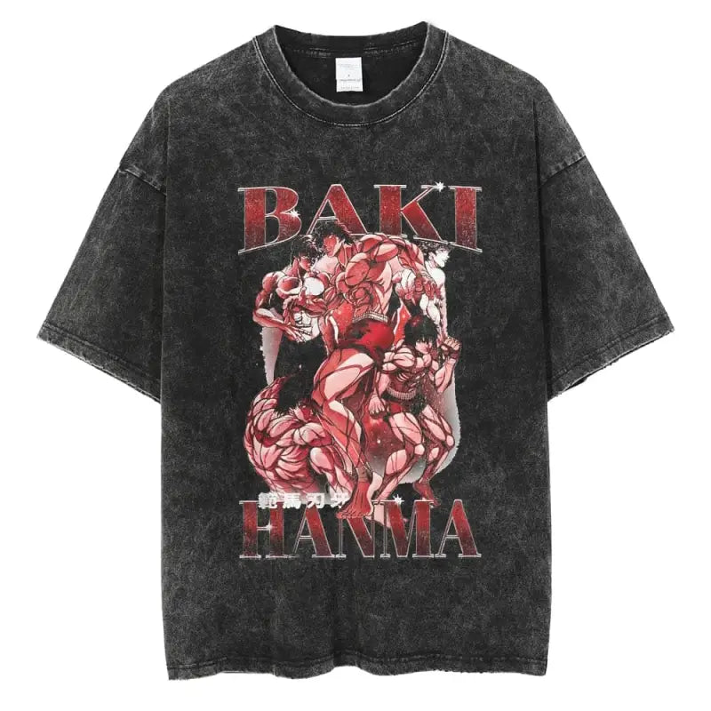 T-shirt oversize homme Baki Hanma, coloris noir, maille respirante pour l entrainement.