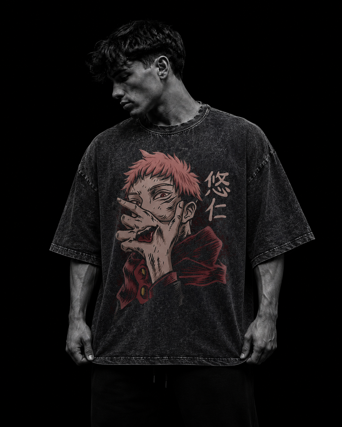 T-shirt oversize da uomo Jujutsu Kaisen, cotone spesso per lo streetwear.