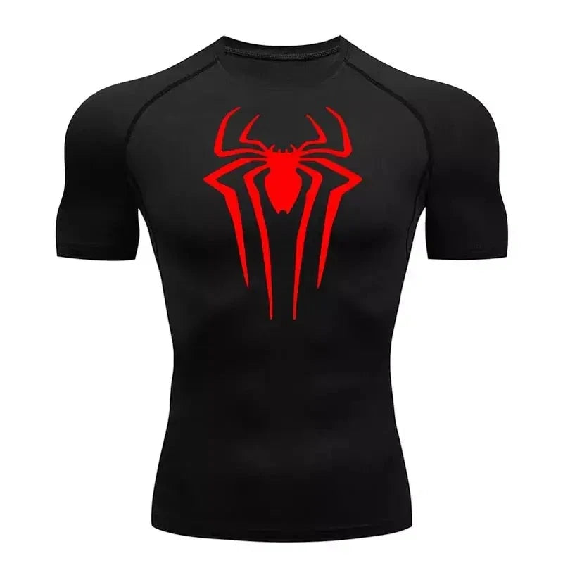 T-shirt de compression homme Spiderman, coloris noir, maille dry-fit pour le sport.
