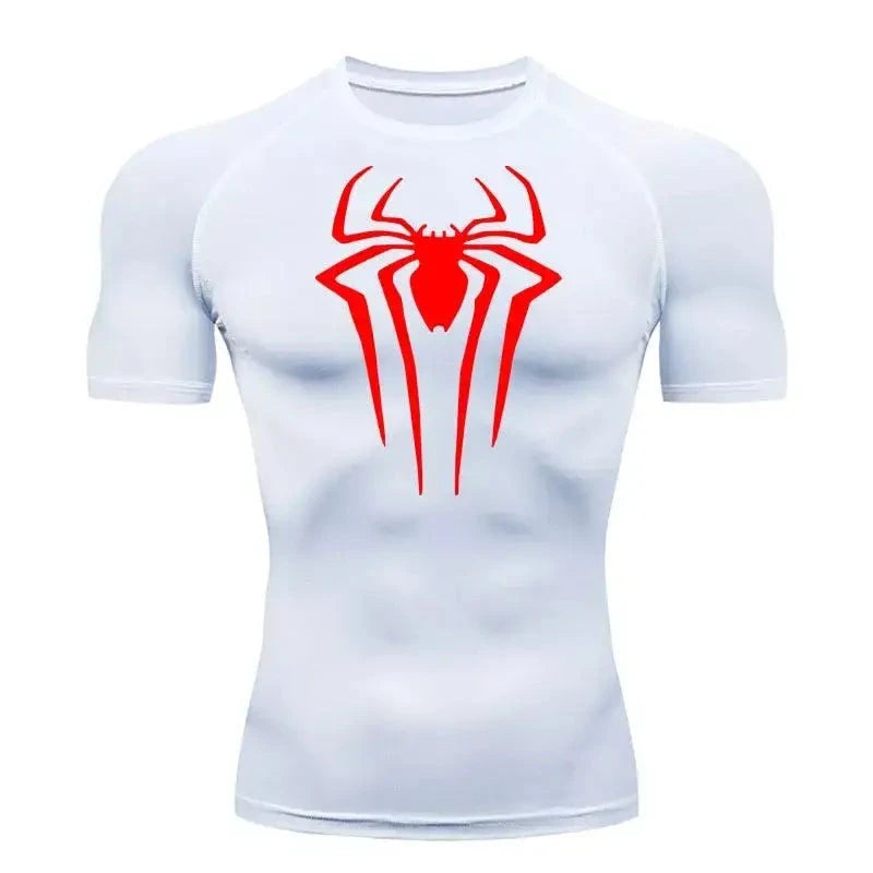 Men's Spiderman compression T-shirt, white, second-skin fit for bodybuilding.