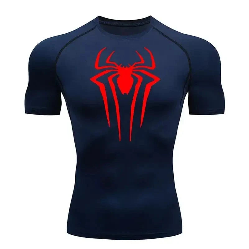 Men's Spiderman compression T-shirt, blue, breathable fabric for training.