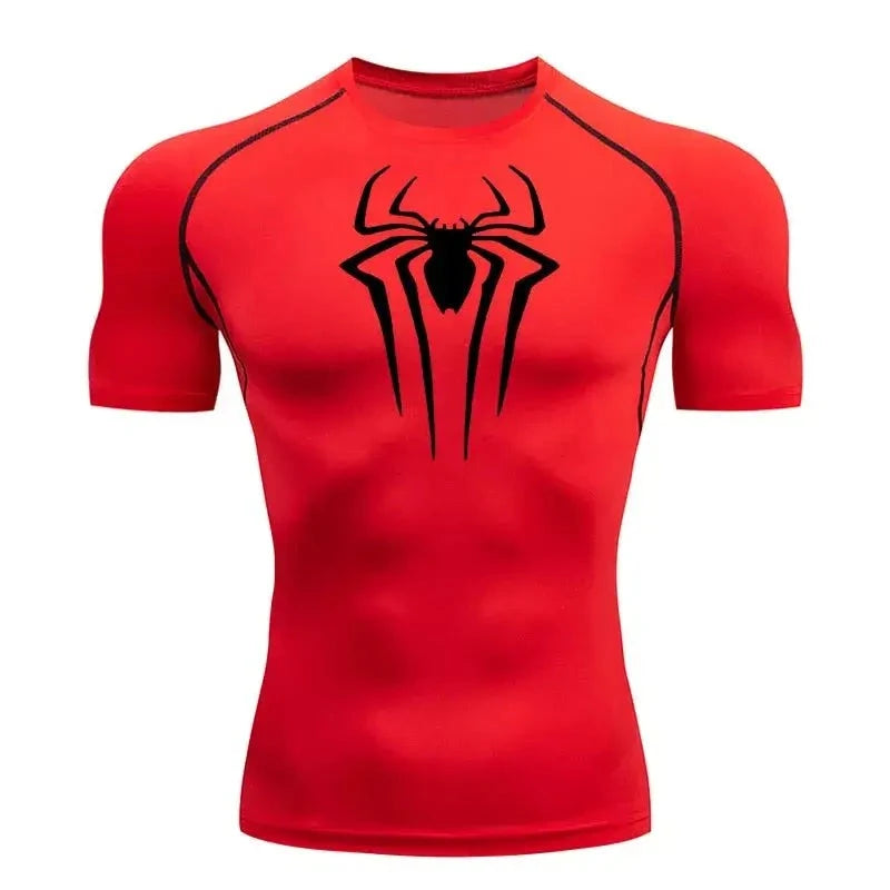 Men's Spiderman compression T-shirt, red, dry-fit mesh for bodybuilding.
